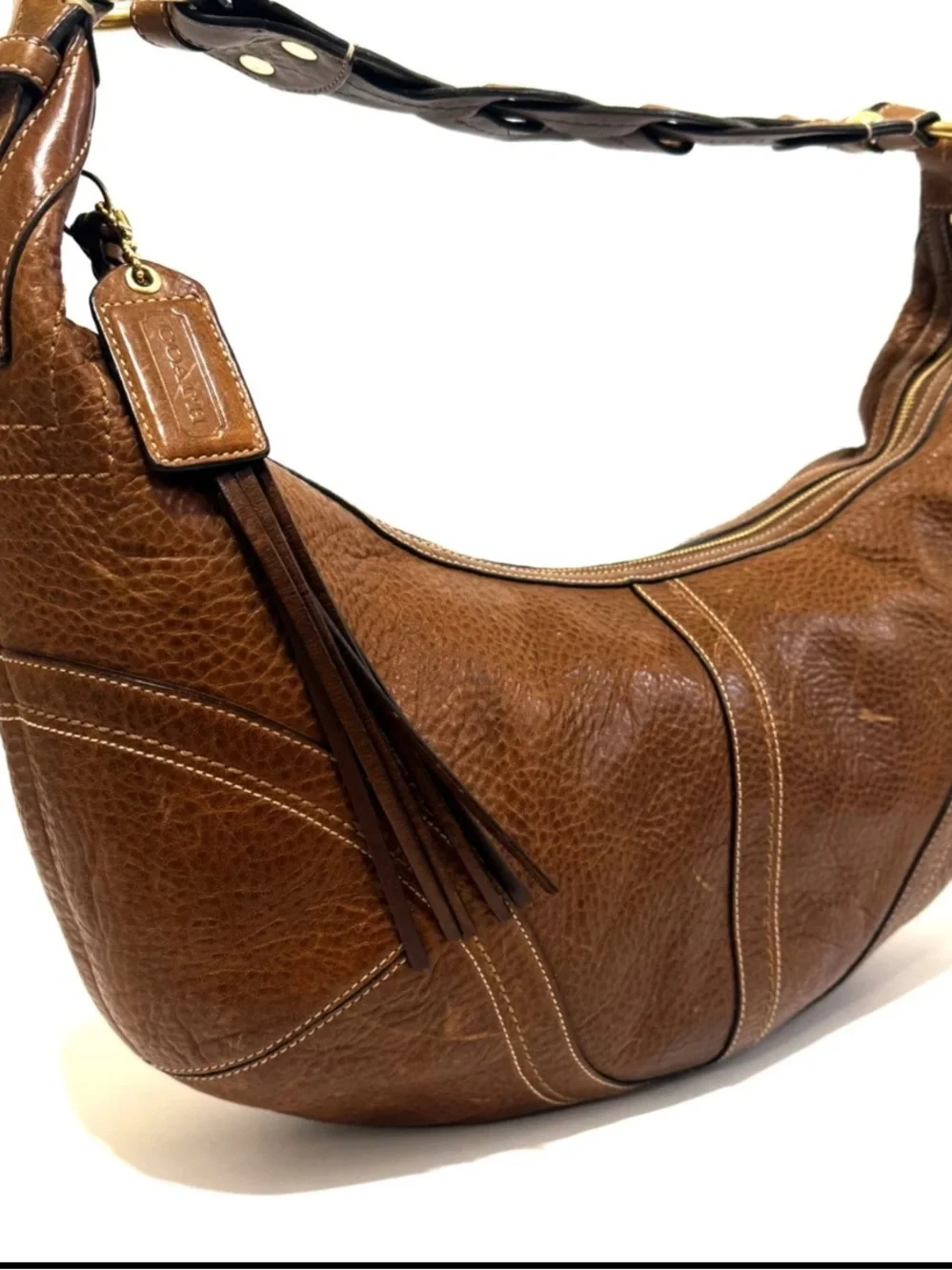 NICE COACH Y2K SOHO TOBACCO WHISKEY PEBBLED LEATHER BRAIDED LARGE HOBO BAG 10042